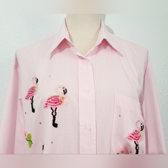 Mili Designs Pink Gingham Flamingo Beaded Button Down Shirt Women’s Size  Medium - Picture 3 of 14